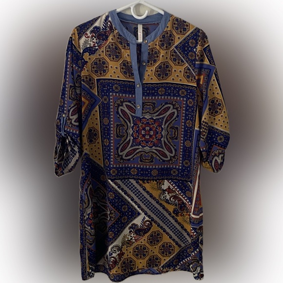 Point Dresses & Skirts - Women Geometric Patterned dress  in Blue and Gold